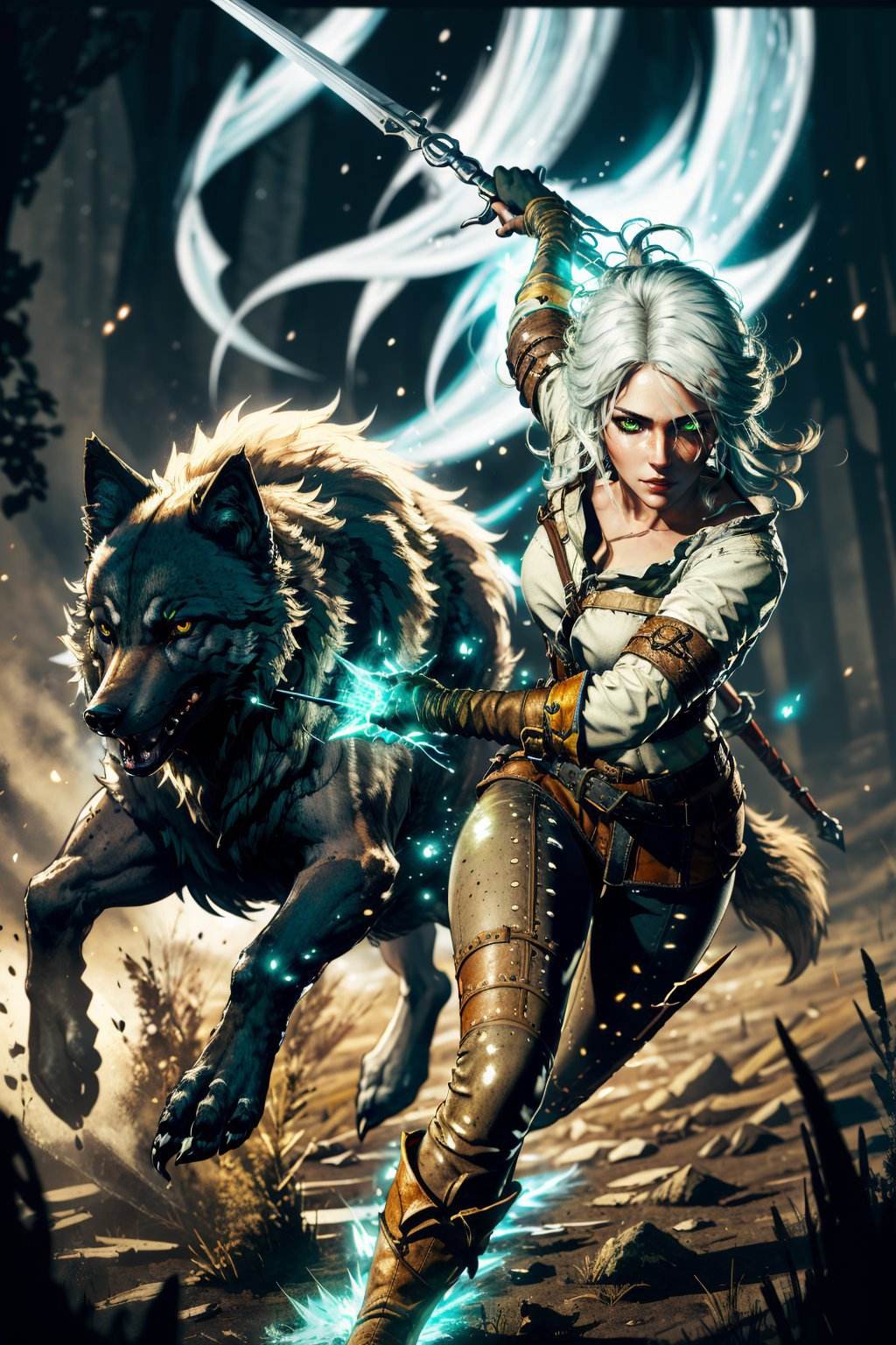 (masterpiece, best quality, detailed:1.2), <lora:ciri-18V2:0.7>, ciriW3_soul3142, 1girl, medium hair, green eyes, glowing eyes, white hair, weapon, boots, solo focus, sword, glowing, wolf