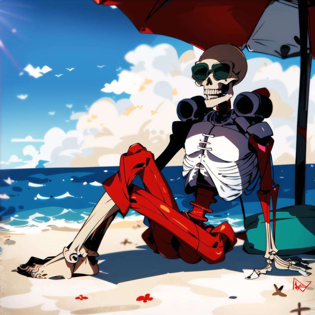 masterpiece, best quality, (doomrevenant:1.2), solo,  full body, sunglasses, on ground, beach, beach umbrella, ocean, beach towel, skeleton,   <lora:doomrevenant-16:0.7>