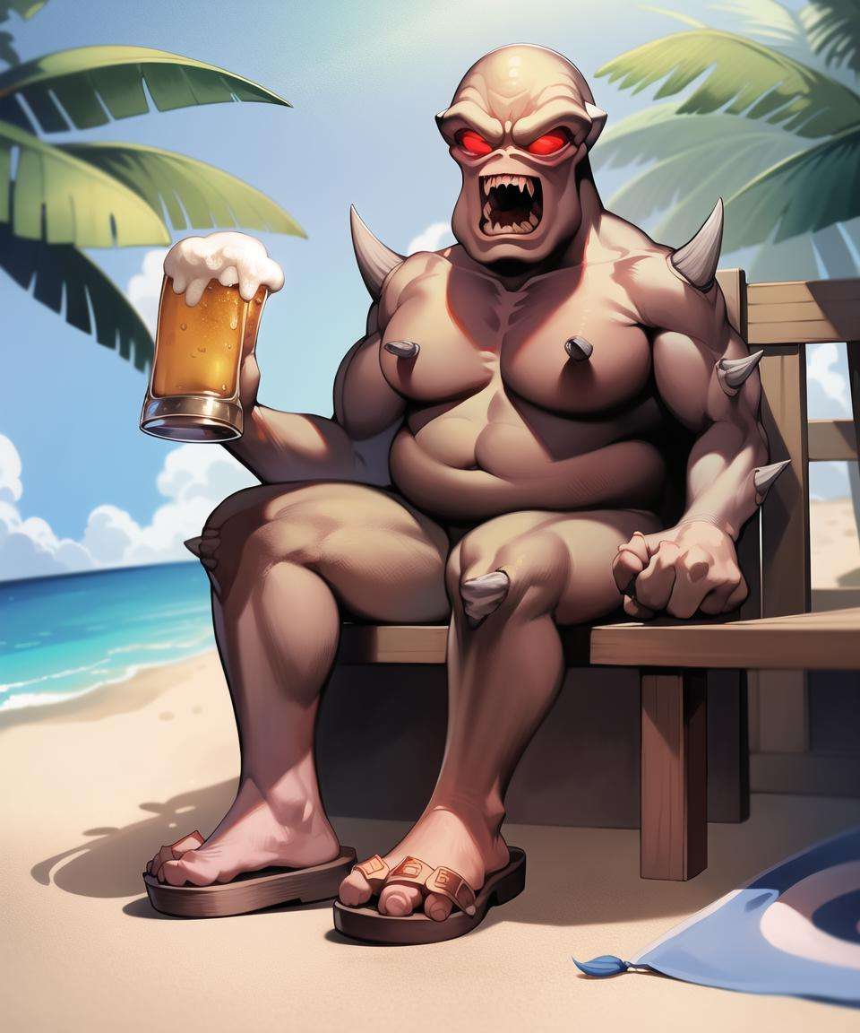 masterpiece, best quality, absurdres, (doomimp:1.3), fat, (obese:1.1), holding beer can, beach, sandals,  nude, sitting, on ground, hand with 3 clawed fingers, white shorts<lora:doomimp-20:1>