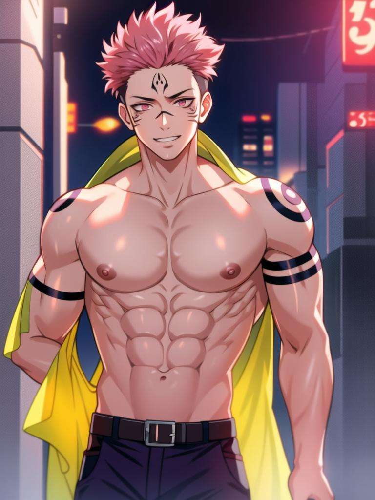 masterpiece, best quality, ultra-detailed, texture, detail eyes,8k, 1boy, Sukuna, a man with pink hair and shirtless, tattoo_ryoumen, tattoo_on_his_face, tattoo on body, looking at viewer, abs, detailed eyes, detailed face, (masterpiece:1.4),(best quality:1.4),(shiny skin),realistic, bright, neon lights, night, midnight, city, cyberpunk, light ,  <lora:sukuna:0.8>