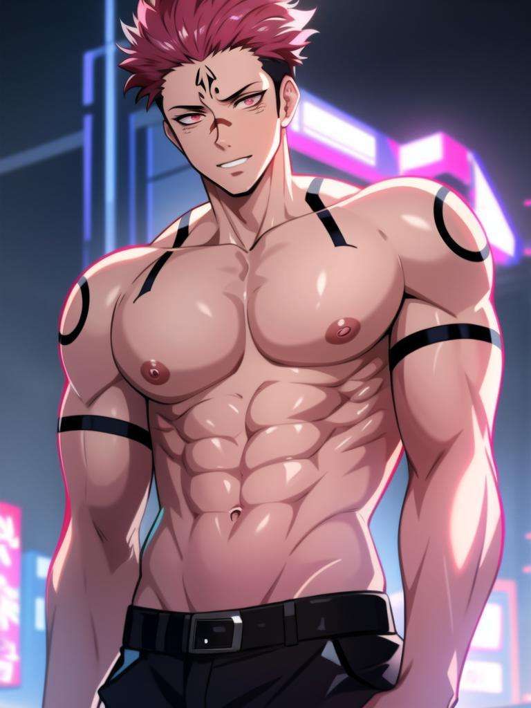 masterpiece, best quality, ultra-detailed, texture, detail eyes,8k, 1boy, Sukuna, a man with pink hair and shirtless, tattoo_ryoumen, tattoo_on_his_face, tattoo on body, looking at viewer, abs, detailed eyes, detailed face, (masterpiece:1.4),(best quality:1.4),(shiny skin),realistic, bright, neon lights, night, midnight, city, cyberpunk, light ,  <lora:sukuna:0.8>