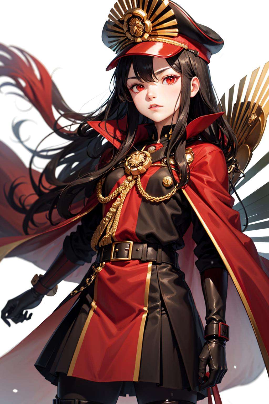 <lora:oda-10:1>,oda_smoll, hat,cape, red eyes, military uniform,black hair, 