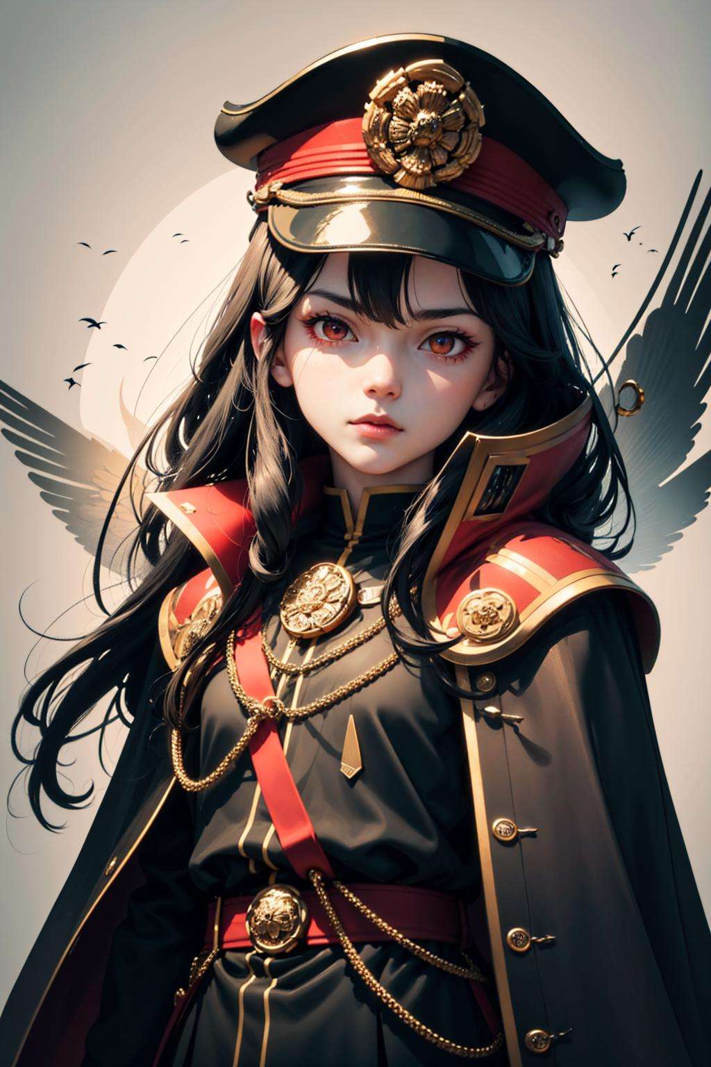 (detailed face and eyes:1.3),<lora:oda-10:1>,oda_smoll,hat,cape,red eyes,military uniform,black hair,<lora:ink-0.1-3-b28-bf16-D128-A1-1-ep64-768-DAdaptation-cosine:1>,white background,ink,Ultra-detail,(highres:1.1),best quality,(masterpiece:1.3),cinematic lighting,