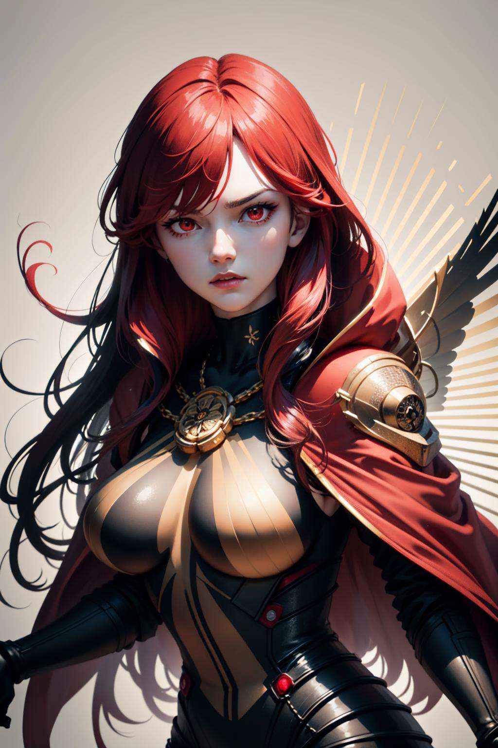 (detailed face and eyes:1.3),<lora:oda-10:1>,oda_biig,large breasts,red eyes,black bodysuit,red hair,chain,collared cape,<lora:ink-0.1-3-b28-bf16-D128-A1-1-ep64-768-DAdaptation-cosine:1>,white background,inkUltra-detail,(highres:1.1),best quality,(masterpiece:1.3),cinematic lighting,