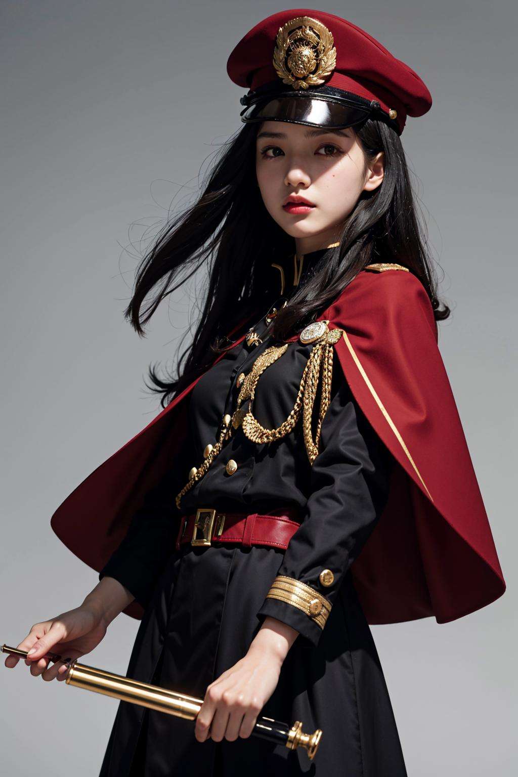 <lora:oda-10:1>,oda_smoll, hat,cape, red eyes, military uniform,black hair,