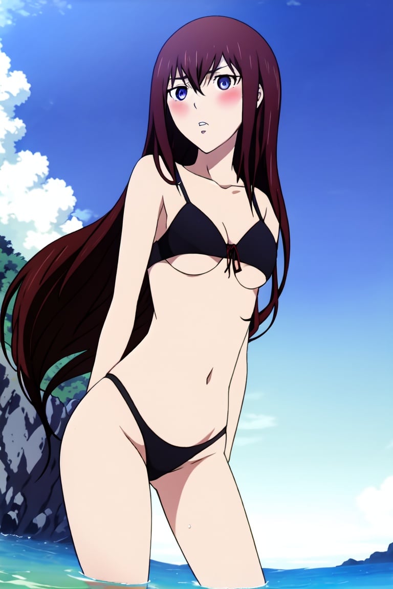 kurisu makise, 1girl, solo, (big ass), medium boobs, covered boobs, turned around, kurisu makise, looking_at_viewer, (nsfw), (low angle shot) ,blush, girl angry at viewer, long_hair, bangs, ,detailed eyes, collarbone, thick thighs, outdoors, (oiled up skin), very tight black bikini, curly_hair, beach, Natural Volumetric Lighting And Best Shadows, Deep Depth Of Field, Sharp Focus,parted_lips, float, cloud, visible ass,cloudy_sky, pelvic_curtain, side_slit