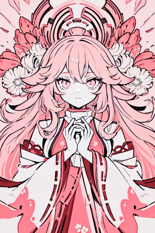 masterpiece, best quality, 1girl, flowers, strawberry, strawberry bloom, flat color, lineart, abstract, ornate, light pink theme,desaturated colors, detailed lineart, fluffy hair,arch,polychrome, light colors,limited palette, yae miko