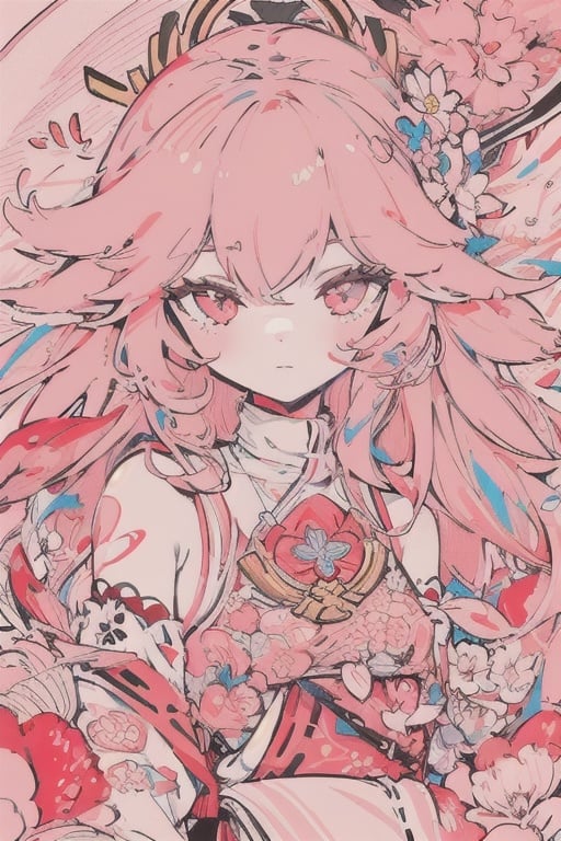 masterpiece, best quality, 1girl, flowers, strawberry, strawberry bloom, flat color, lineart, abstract, ornate, light pink theme,desaturated colors, detailed lineart, fluffy hair,arch,polychrome, light colors,limited palette, yae miko,colorful