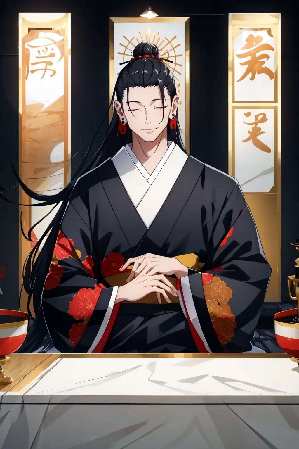 man, getou, solo, long hair, smile, black hair, 1boy, jewelry, closed mouth, closed eyes, upper body, male focus, earrings, japanese clothes, indoors, kimono, hair bun, piercing, single hair bun, ear piercing, portrait, black kimono, hair pulled back, full body <lora:Getou-01:1>