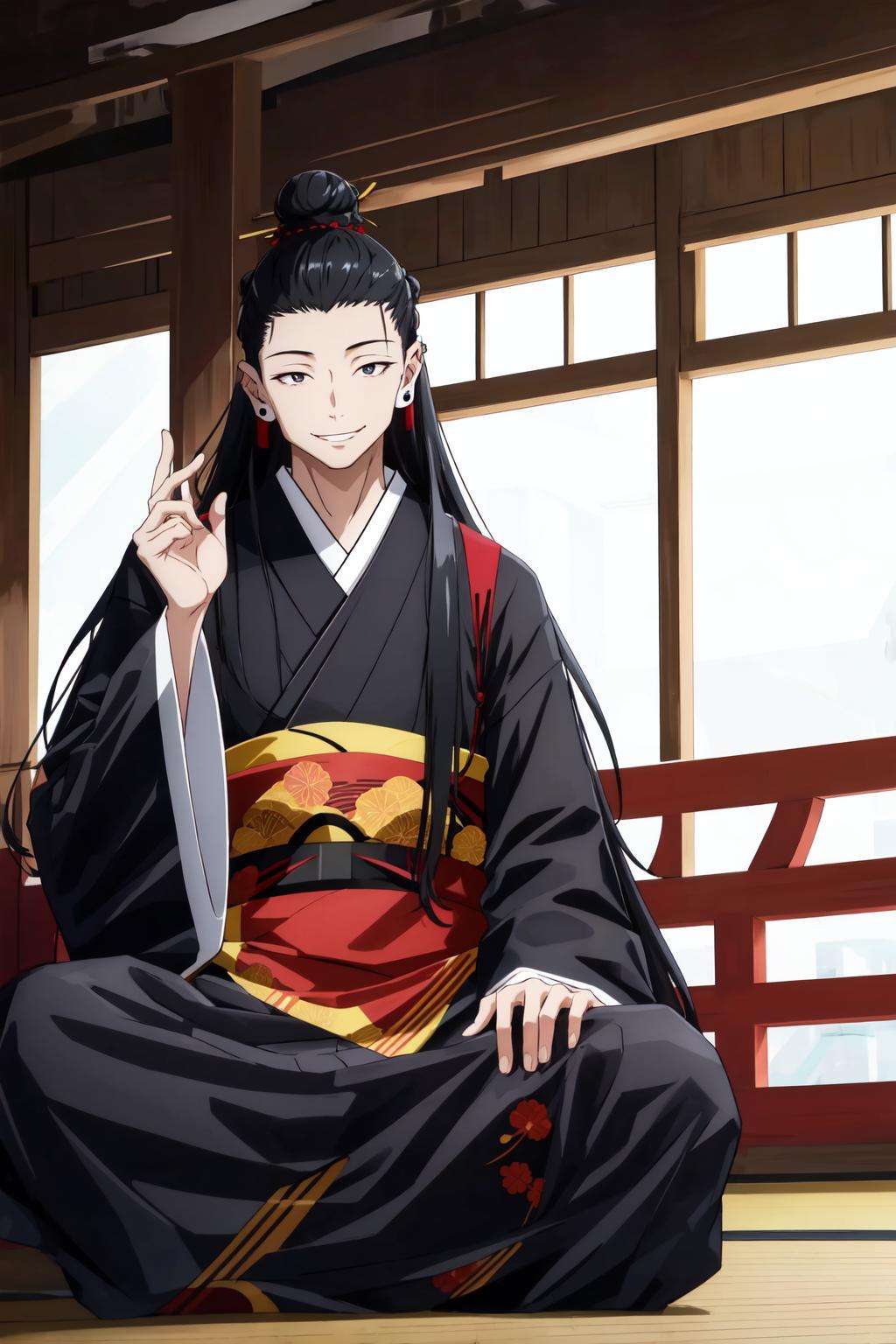 getou, solo, long hair, looking at viewer, smile, black hair, long sleeves, 1boy, full body, male focus, japanese clothes, indoors, hand up, wide sleeves, kimono, hair bun, black eyes, piercing, single hair bun, ear piercing, tsurime, head rest, tabi, black kimono, hair pulled back, kesa  <lora:Getou-01:1>