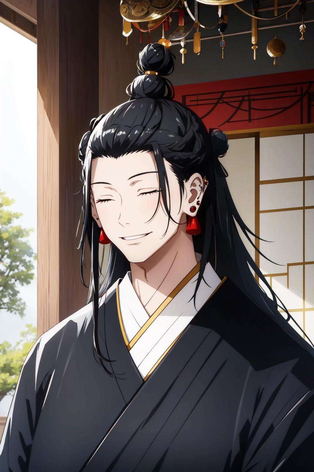 man, getou, solo, long hair, smile, black hair, 1boy, jewelry, closed mouth, closed eyes, upper body, male focus, earrings, japanese clothes, indoors, kimono, hair bun, piercing, single hair bun, ear piercing, portrait, black kimono, hair pulled back <lora:Getou-01:1>
