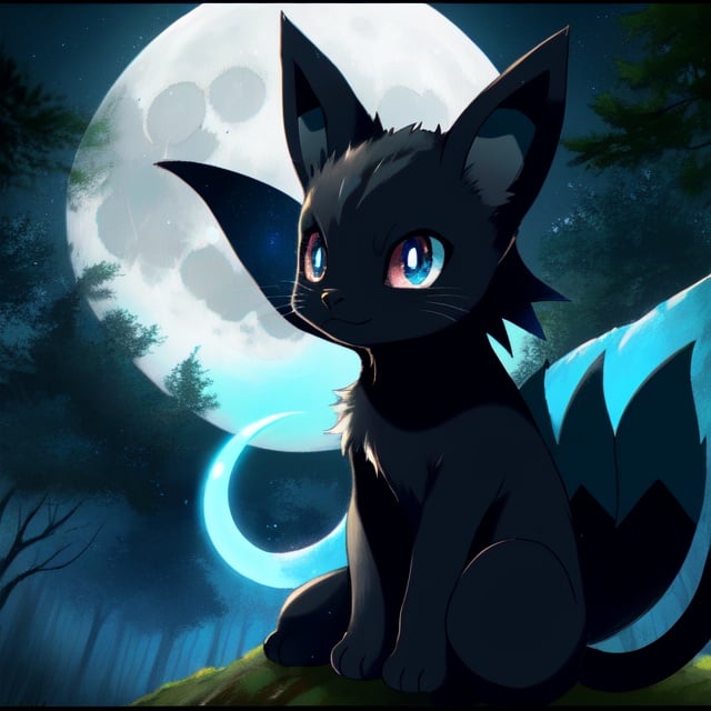 Umbreon, Umbreon shiny, pokemon, black and light blue, forest , moon, 1Umbreon, solo character, cat, masterpice, 4k, blue rings, 