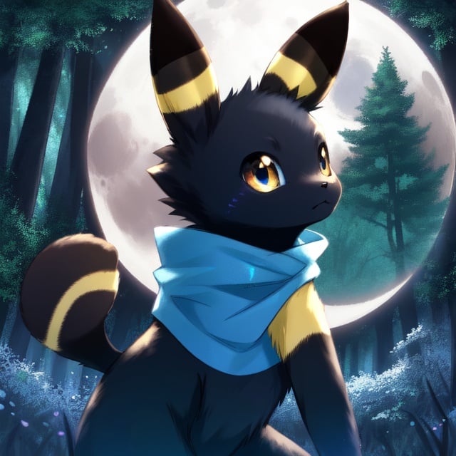 Umbreon, Umbreon shiny, pokemon, black and light blue, forest , moon, 1Umbreon, solo character, cat, masterpice, 4k, blue rings, 