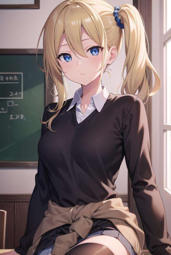 aihayasaka, <lora:aihayasakatest:1>,ai hayasaka, blonde hair, blue eyes, blue scrunchie, hair between eyes, hair scrunchie, long hair, scrunchie, side ponytail, sidelocks,BREAK black sweater, blouse, cardigan, cardigan around waist, clothes around waist, collared shirt, dress shirt, long sleeves, school uniform, shirt, shuuchiin academy school uniform, skirt, sweater, white shirt,BREAK looking at viewer,BREAK indoors, classroom,BREAK <lora:GoodHands-vanilla:1>, (masterpiece:1.2), best quality, high resolution, unity 8k wallpaper, (illustration:0.8), (beautiful detailed eyes:1.6), extremely detailed face, perfect lighting, extremely detailed CG, (perfect hands, perfect anatomy),