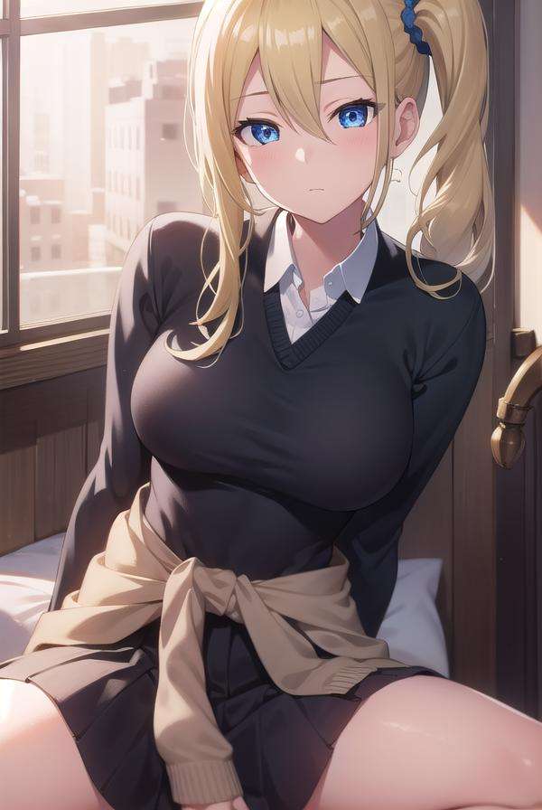 aihayasaka, <lora:aihayasakatest:1>,ai hayasaka, blonde hair, blue eyes, blue scrunchie, hair between eyes, hair scrunchie, long hair, scrunchie, side ponytail, sidelocks,BREAK black sweater, blouse, cardigan, cardigan around waist, clothes around waist, collared shirt, dress shirt, long sleeves, school uniform, shirt, shuuchiin academy school uniform, skirt, sweater, white shirt,BREAK looking at viewer,BREAK indoors, classroom,BREAK <lora:GoodHands-vanilla:1>, (masterpiece:1.2), best quality, high resolution, unity 8k wallpaper, (illustration:0.8), (beautiful detailed eyes:1.6), extremely detailed face, perfect lighting, extremely detailed CG, (perfect hands, perfect anatomy),