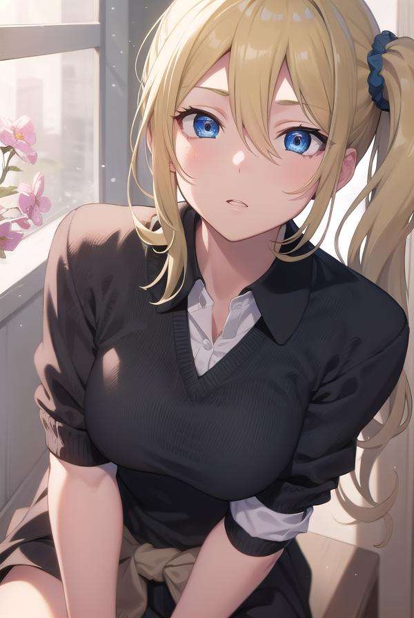 aihayasaka, <lora:aihayasakatest:1>,ai hayasaka, blonde hair, blue eyes, blue scrunchie, hair between eyes, hair scrunchie, long hair, scrunchie, side ponytail, sidelocks,BREAK black sweater, blouse, cardigan, cardigan around waist, clothes around waist, collared shirt, dress shirt, long sleeves, school uniform, shirt, shuuchiin academy school uniform, skirt, sweater, white shirt,BREAK looking at viewer,BREAK indoors, classroom,BREAK <lora:GoodHands-vanilla:1>, (masterpiece:1.2), best quality, high resolution, unity 8k wallpaper, (illustration:0.8), (beautiful detailed eyes:1.6), extremely detailed face, perfect lighting, extremely detailed CG, (perfect hands, perfect anatomy),