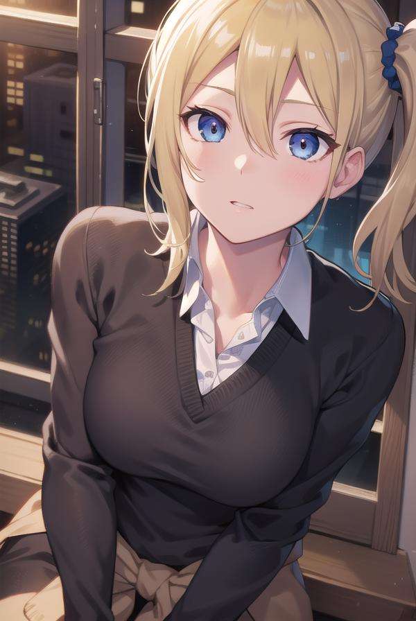 aihayasaka, <lora:aihayasakatest:1>,ai hayasaka, blonde hair, blue eyes, blue scrunchie, hair between eyes, hair scrunchie, long hair, scrunchie, side ponytail, sidelocks,BREAK black sweater, blouse, cardigan, cardigan around waist, clothes around waist, collared shirt, dress shirt, long sleeves, school uniform, shirt, shuuchiin academy school uniform, skirt, sweater, white shirt,BREAK looking at viewer,BREAK indoors, classroom,BREAK <lora:GoodHands-vanilla:1>, (masterpiece:1.2), best quality, high resolution, unity 8k wallpaper, (illustration:0.8), (beautiful detailed eyes:1.6), extremely detailed face, perfect lighting, extremely detailed CG, (perfect hands, perfect anatomy),