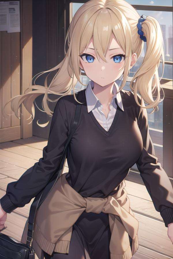 aihayasaka, <lora:aihayasakatest:1>,ai hayasaka, blonde hair, blue eyes, blue scrunchie, hair between eyes, hair scrunchie, long hair, scrunchie, side ponytail, sidelocks,BREAK black sweater, blouse, cardigan, cardigan around waist, clothes around waist, collared shirt, dress shirt, long sleeves, school uniform, shirt, shuuchiin academy school uniform, skirt, sweater, white shirt,BREAK looking at viewer,BREAK indoors, classroom,BREAK <lora:GoodHands-vanilla:1>, (masterpiece:1.2), best quality, high resolution, unity 8k wallpaper, (illustration:0.8), (beautiful detailed eyes:1.6), extremely detailed face, perfect lighting, extremely detailed CG, (perfect hands, perfect anatomy),