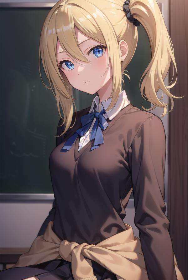 aihayasaka, <lora:aihayasakatest:1>,ai hayasaka, blonde hair, blue eyes, blue scrunchie, hair between eyes, hair scrunchie, long hair, scrunchie, side ponytail, sidelocks,BREAK black sweater, blouse, cardigan, cardigan around waist, clothes around waist, collared shirt, dress shirt, long sleeves, school uniform, shirt, shuuchiin academy school uniform, skirt, sweater, white shirt,BREAK looking at viewer,BREAK indoors, classroom,BREAK <lora:GoodHands-vanilla:1>, (masterpiece:1.2), best quality, high resolution, unity 8k wallpaper, (illustration:0.8), (beautiful detailed eyes:1.6), extremely detailed face, perfect lighting, extremely detailed CG, (perfect hands, perfect anatomy),