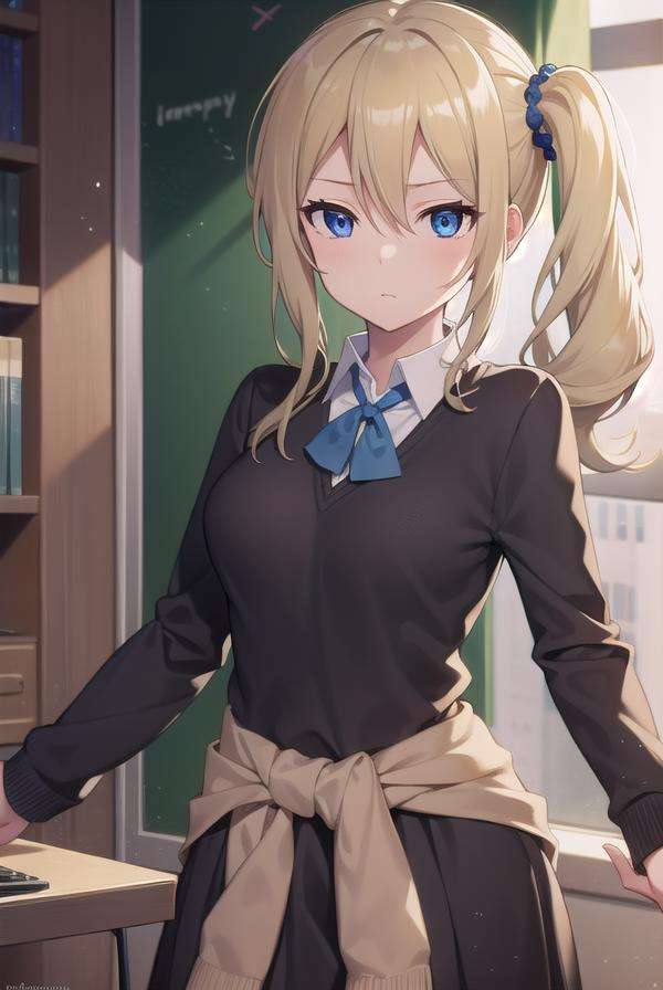 aihayasaka, <lora:aihayasakatest:1>,ai hayasaka, blonde hair, blue eyes, blue scrunchie, hair between eyes, hair scrunchie, long hair, scrunchie, side ponytail, sidelocks,BREAK black sweater, blouse, cardigan, cardigan around waist, clothes around waist, collared shirt, dress shirt, long sleeves, school uniform, shirt, shuuchiin academy school uniform, skirt, sweater, white shirt,BREAK looking at viewer,BREAK indoors, classroom,BREAK <lora:GoodHands-vanilla:1>, (masterpiece:1.2), best quality, high resolution, unity 8k wallpaper, (illustration:0.8), (beautiful detailed eyes:1.6), extremely detailed face, perfect lighting, extremely detailed CG, (perfect hands, perfect anatomy),