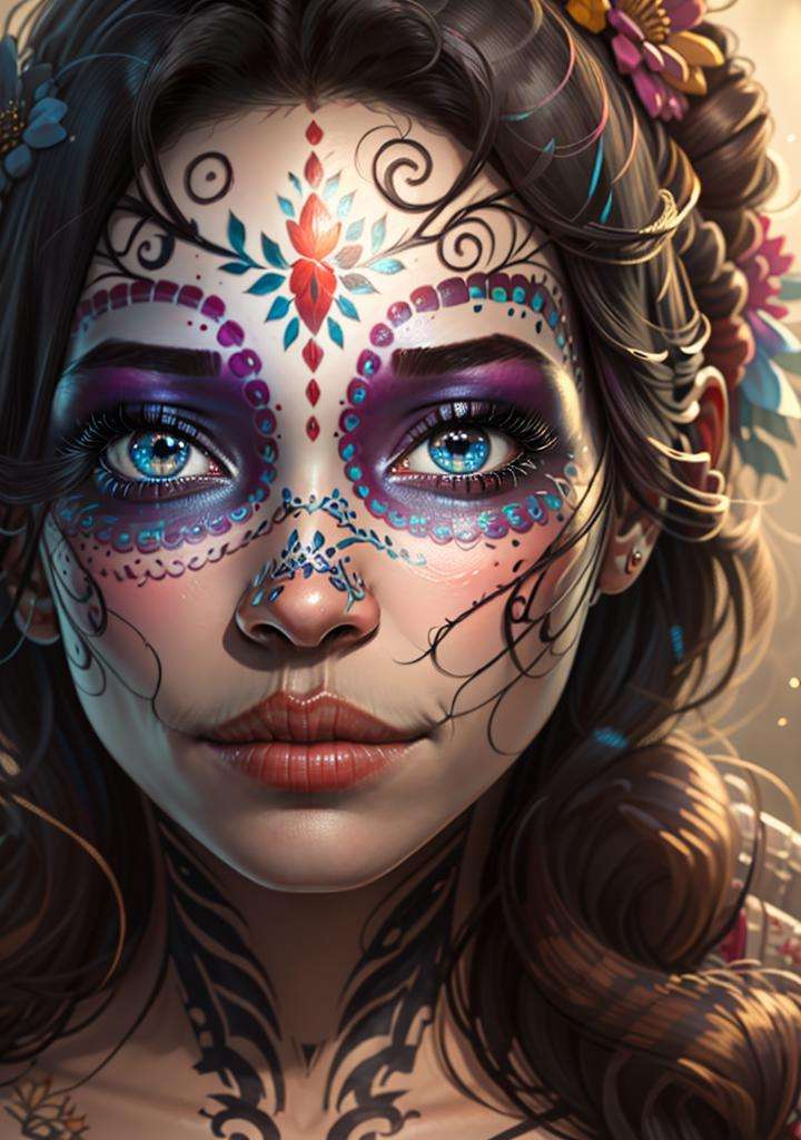 1girl, (makeup by CatrinaMakeUp), (traditional dress), hair flower, blue eyes, long wavy hair, black hair, cute pose, cute, (realistic:1.2), (realism), (masterpiece:1.2), (best quality), (ultra detailed), (8k, 4k, intricate),(portrait), ,light particles, lighting, (highly detailed:1.2),(detailed face:1.2), (gradients), sfw, colorful,(detailed eyes:1.2), <lora:CatrinaMakeUp_Concept-10:1>