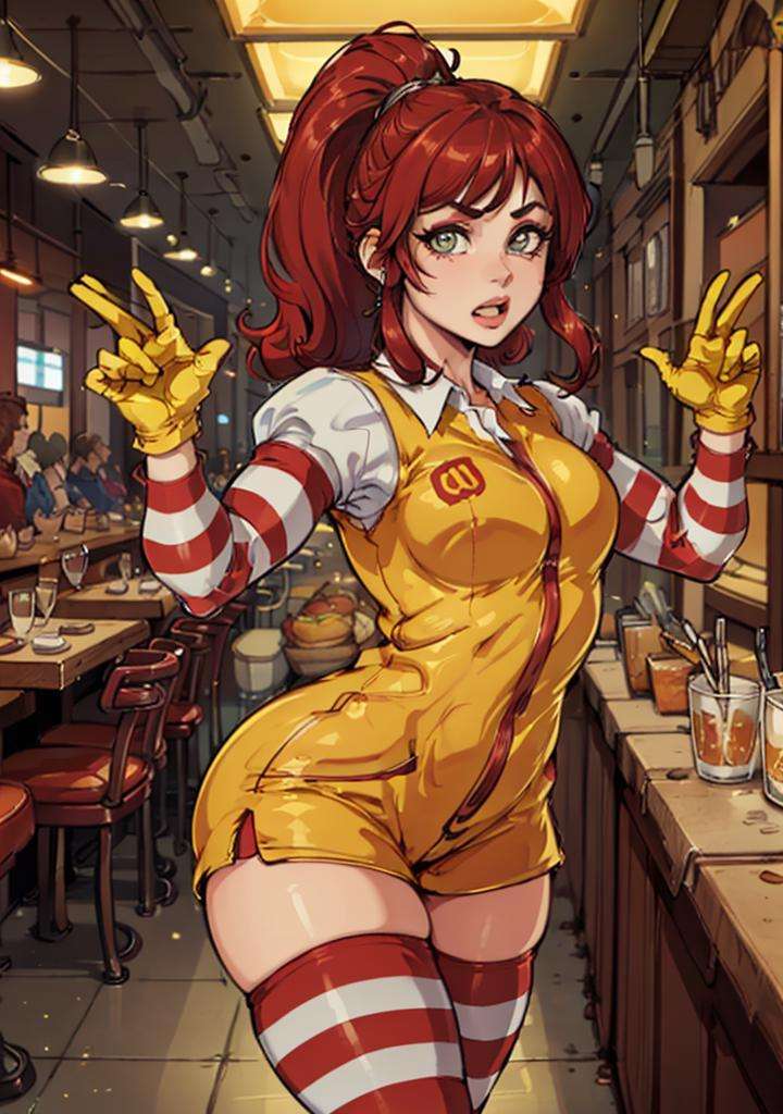 (RonaldChan:1), surprised, cute, cute pose, looking at viewer, thick thighs, (yellow gloves, striped thighhighs, striped sleeves:1.2), (ponytail, long hair), (makeup), curvy,(realistic:1.2), (realism), (masterpiece:1.2), (best quality), (ultra detailed), (8k, 4k, intricate),(full-body-shot:1),(Cowboy-shot:1.2), (85mm),light particles, lighting, (highly detailed:1.2),(detailed face:1.2), (gradients), sfw, colorful,(detailed eyes:1.2),(detailed ladscape, restaurant:1.2),(detailed background),detailed landscape, (dynamic angle:1.2), (dynamic pose:1.2), (rule of third_composition:1.3), (Line of action:1.2), wide shot, daylight, solo, <lora:McDonaldChan_characeter-20:0.5>  <lora:alp-v12:0.5>