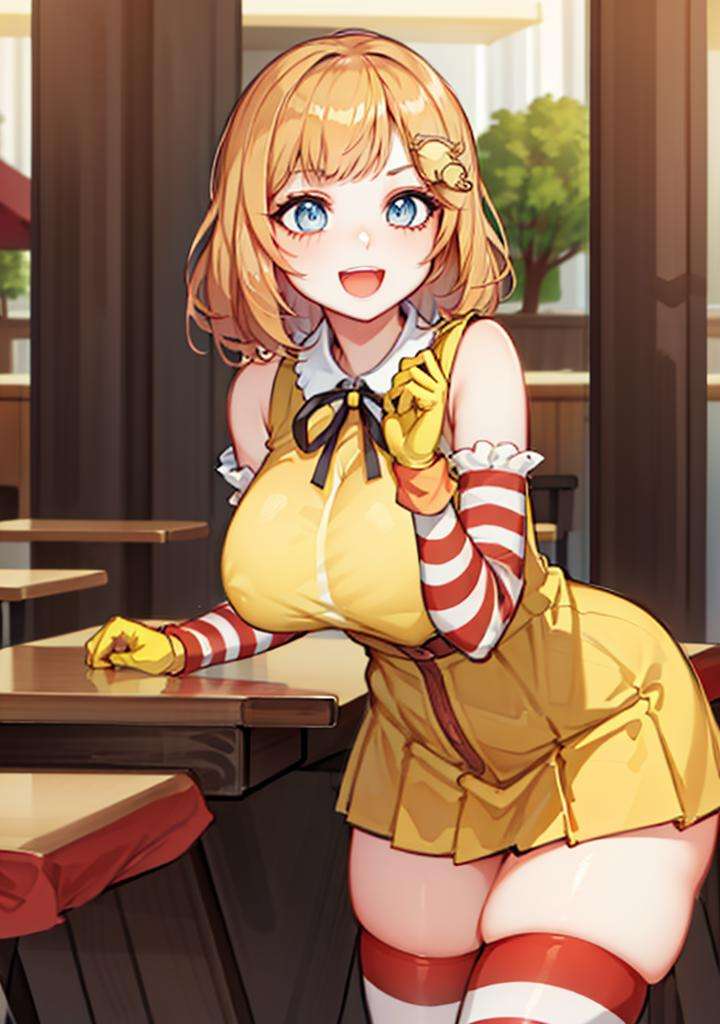 (amelia watson:1), smile, cute, cute pose, looking at viewer, thick thighs, :D, afro, large breasts, (yellow gloves, striped thighhighs, striped sleeves),(monocle hair ornament),(realistic:1.2), (realism), (masterpiece:1.2), (best quality), (ultra detailed), (8k, 4k, intricate),(full-body-shot:1),(Cowboy-shot:1.2), (85mm),light particles, lighting, (highly detailed:1.2),(detailed face:1.2), (gradients), sfw, colorful,(detailed eyes:1.2),(detailed ladscape, restaurant:1.2),(detailed background),detailed landscape, (dynamic angle:1.2), (dynamic pose:1.2), (rule of third_composition:1.3), (Line of action:1.2), wide shot, daylight, solo, <lora:McDonaldChan_characeter-20:0.55>  <lora:ameliaWatsonHololive_v2AllOutfits:1> 