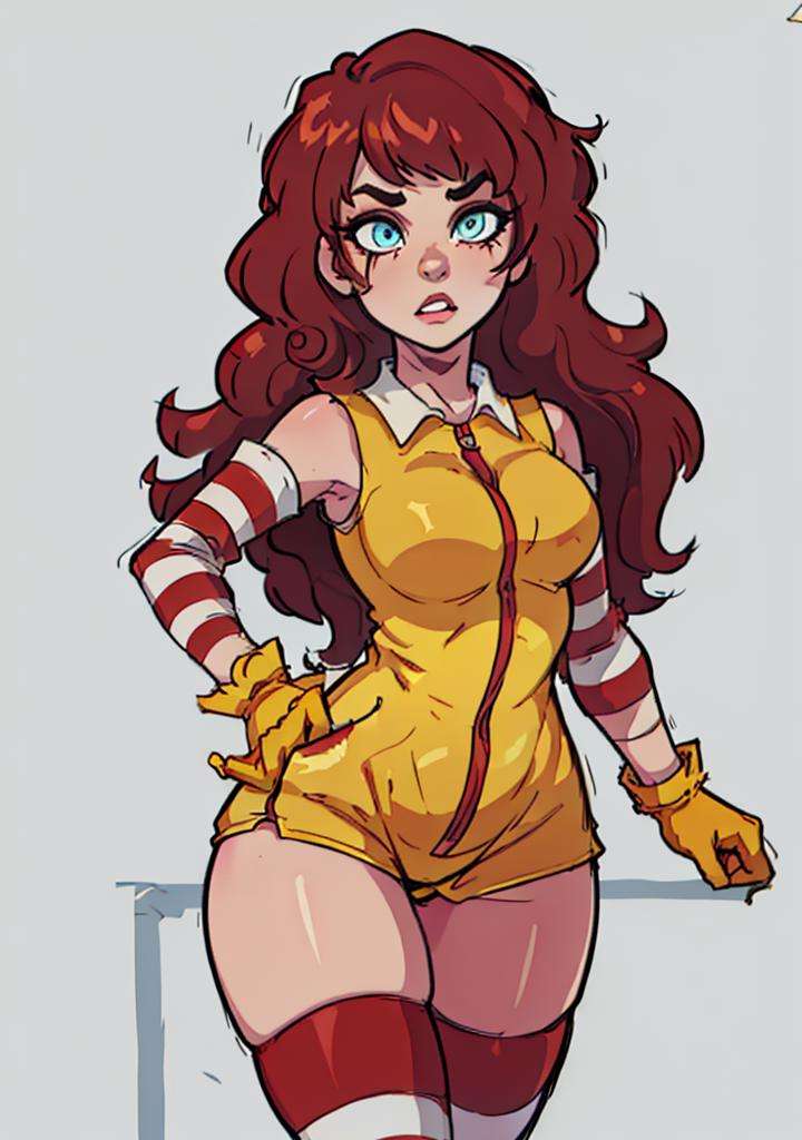 (RonaldChan:1), surprised, cute, cute pose, looking at viewer, thick thighs, (yellow gloves, striped thighhighs, striped sleeves:1.2), ( long hair), (makeup), curvy,(realistic:1.2), (realism), (masterpiece:1.2), (best quality), (ultra detailed), (8k, 4k, intricate),(full-body-shot:1),(Cowboy-shot:1.2), (85mm),light particles, lighting, (highly detailed:1.2),(detailed face:1.2), (gradients), sfw, colorful,(detailed eyes:1.2),(detailed ladscape, restaurant:1.2),(detailed background),detailed landscape, (dynamic angle:1.2), (dynamic pose:1.2), (rule of third_composition:1.3), (Line of action:1.2), wide shot, daylight, solo, <lora:McDonaldChan_characeter-20:0.5> <lora:tfmToonworldLora_v10:0.6>