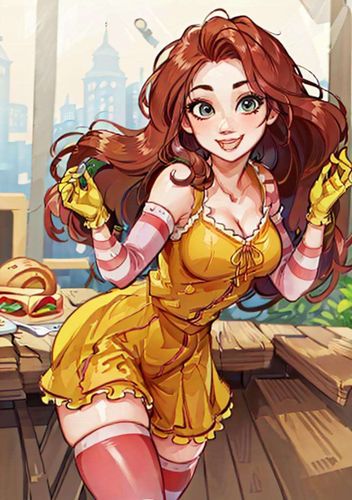 (RapunzelWaifu:1), smile, cute, cute pose, looking at viewer, thick thighs, :D, afro, large breasts, (yellow gloves, striped thighhighs, striped sleeves),(realistic:1.2), (realism), (masterpiece:1.2), (best quality), (ultra detailed), (8k, 4k, intricate),(full-body-shot:1),(Cowboy-shot:1.2), (85mm),light particles, lighting, (highly detailed:1.2),(detailed face:1.2), (gradients), sfw, colorful,(detailed eyes:1.2),(detailed ladscape, restaurant:1.2),(detailed background),detailed landscape, (dynamic angle:1.2), (dynamic pose:1.2), (rule of third_composition:1.3), (Line of action:1.2), wide shot, daylight, solo, <lora:McDonaldChan_characeter-20:0.55> <lora:Rapunzel_characterV2:0.6>