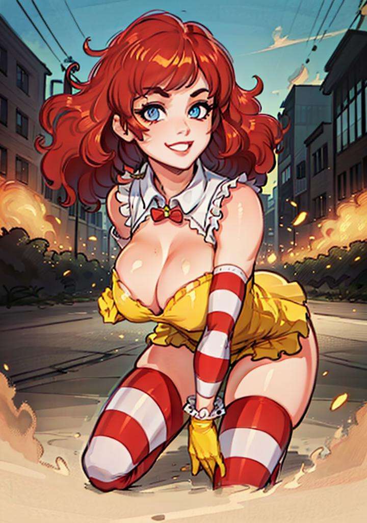 (RonaldChan:1), smile, cute, cute pose, looking at viewer, thick thighs, afro, large breasts, (yellow gloves, striped thighhighs, striped sleeves),(realistic:1.2), (realism), (masterpiece:1.2), (best quality), (ultra detailed), (8k, 4k, intricate),(full-body-shot:1),(Cowboy-shot:1.2), (85mm),light particles, lighting, (highly detailed:1.2),(detailed face:1.2), (gradients), sfw, colorful,(detailed eyes:1.2),(detailed ladscape, city, building, street:1.2),(detailed background),detailed landscape, (dynamic angle:1.2), (dynamic pose:1.2), (rule of third_composition:1.3), (Line of action:1.2), wide shot, daylight, solo, <lora:McDonaldChan_characeter-20:0.6> <lora:reiqStyleLORA_v2:0.6>