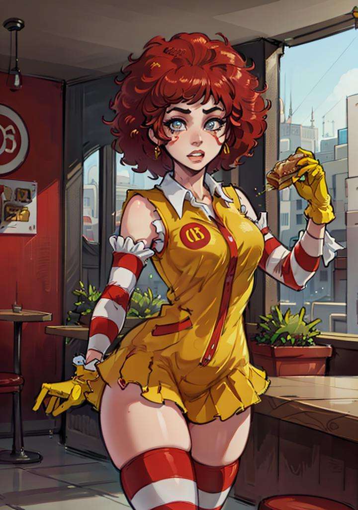 (RonaldChan:1), surprised, cute, cute pose, looking at viewer, thick thighs, (yellow gloves, striped thighhighs, striped sleeves, afro:1.2),(realistic:1.2), (realism), (masterpiece:1.2), (best quality), (ultra detailed), (8k, 4k, intricate),(full-body-shot:1),(Cowboy-shot:1.2), (85mm),light particles, lighting, (highly detailed:1.2),(detailed face:1.2), (gradients), sfw, colorful,(detailed eyes:1.2),(detailed ladscape, restaurant:1.2),(detailed background),detailed landscape, (dynamic angle:1.2), (dynamic pose:1.2), (rule of third_composition:1.3), (Line of action:1.2), wide shot, daylight, solo, <lora:McDonaldChan_characeter-20:0.6>