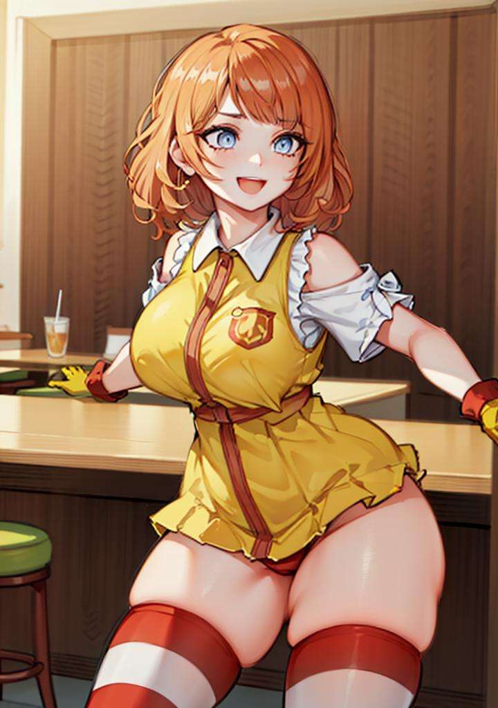 (amelia watson:1), smile, cute, cute pose, looking at viewer, thick thighs, :D, afro, large breasts, (yellow gloves, striped thighhighs, striped sleeves),(realistic:1.2), (realism), (masterpiece:1.2), (best quality), (ultra detailed), (8k, 4k, intricate),(full-body-shot:1),(Cowboy-shot:1.2), (85mm),light particles, lighting, (highly detailed:1.2),(detailed face:1.2), (gradients), sfw, colorful,(detailed eyes:1.2),(detailed ladscape, restaurant:1.2),(detailed background),detailed landscape, (dynamic angle:1.2), (dynamic pose:1.2), (rule of third_composition:1.3), (Line of action:1.2), wide shot, daylight, solo, <lora:McDonaldChan_characeter-20:0.55>  <lora:ameliaWatsonHololive_v2AllOutfits:1> 