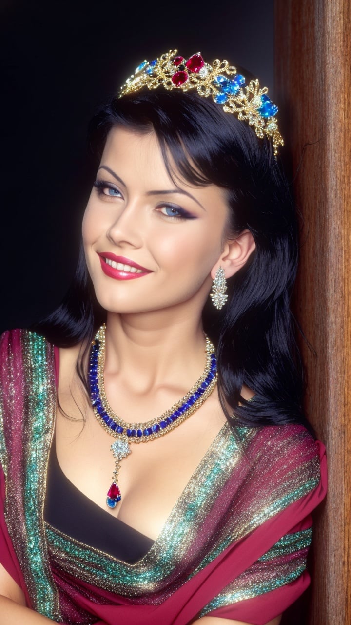 photorealistic, award winning photo of sexy woman, quiron_TaniaRussof_vHard, blue eyes, black hair, smile, czech supermodel, Realistic, complex jelly silk dress, (wearing  (jewelled headdress ( diamond, ruby, sapphire, gemstones) and necklace)),  (long gradient from gold to purple hair, hair blowing in the wind), (good anatomy:1.2), Feminine Expressions, (erotic, sexy, horny), orgasm face,  studio light, dark studio, indoor , cinematic, well rendered, concept, on top of a Gothic style building, midnight, moon, beautiful Gothic style street background, dark sky, stars, (dynamic pose),  butterfly legs,  open legs, wide hips, windblown hair,  swirly bokeh, sharp focus, vibrant, film still, <lora:epiNoiseoffset_v2:0.7>, <lora:quiron_TaniaRussof_vHard:1>