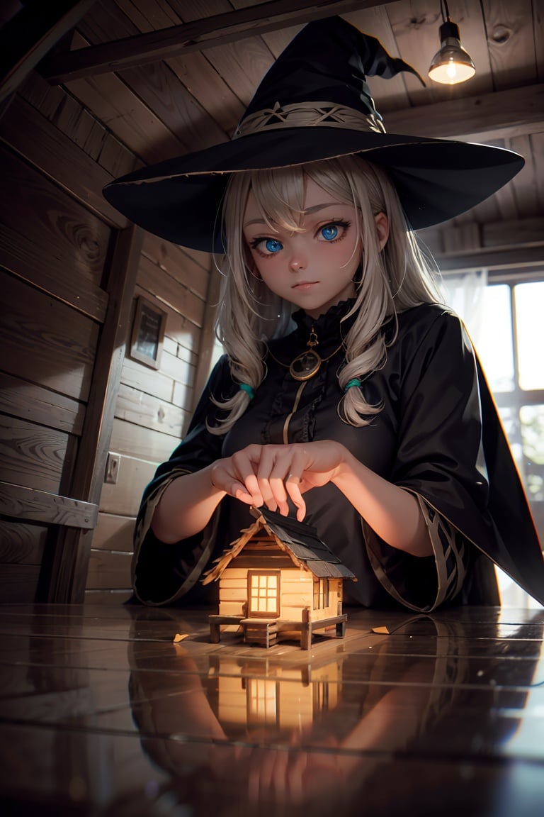 (masterpiece, best quality, chromatic aberration), (witch:1.1), indoors, wooden hut, glowing hut, (magical:1.1), best eyes, light particles,