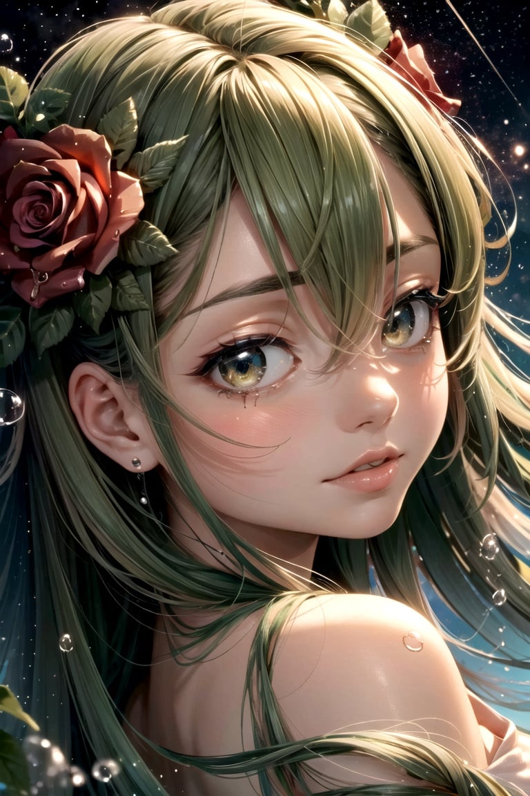 anime girl with moss And mold around her, detailed portrait, close up, space background behind her, dripping liquid metal leaf's around her, roses flourishing around her, close up of face