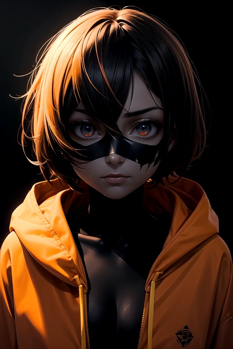 masterpiece, best quality, ultra high res, beautiful, visually stunning, elegant, incredible details, award-winning painting, (dark art:1.1), deep shadow, (dark orange theme:1.2), n3on, glowing, neon, detailed eyes, (bored:1.2), hoodie, short hair,