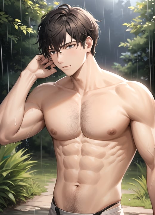 pectorals,male,forest,rain, <lora:Bara-10:0.55>