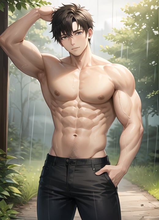 pectorals,male,forest,rain, <lora:Bara-10:0.55>