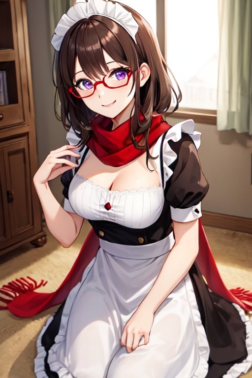 Brown Hair, Purple eyes, mature female, medium breasts, maids outfit, red scarf, warm smile, glasses,