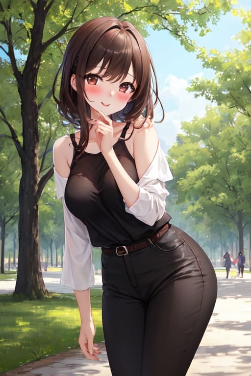 (masterpiece), (best quality), (ultra detailed), 1girl, ssexy pose, blush,medium breasts, casual clothes, happy, looking at viewer, large hair, brown hair, in the park with trees, shy