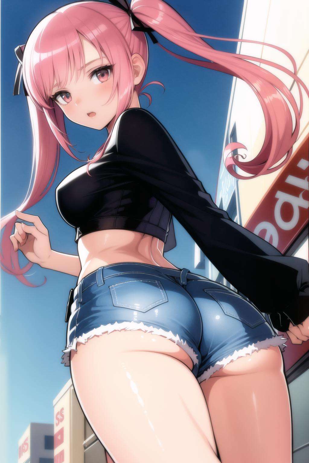 <lora:tony_taka_v0.3:1>1girl, denim shorts, crop top, looking back, street, pink hair, twintails, high-waist shorts, from below,, masterpiece, best quality, highly detailed