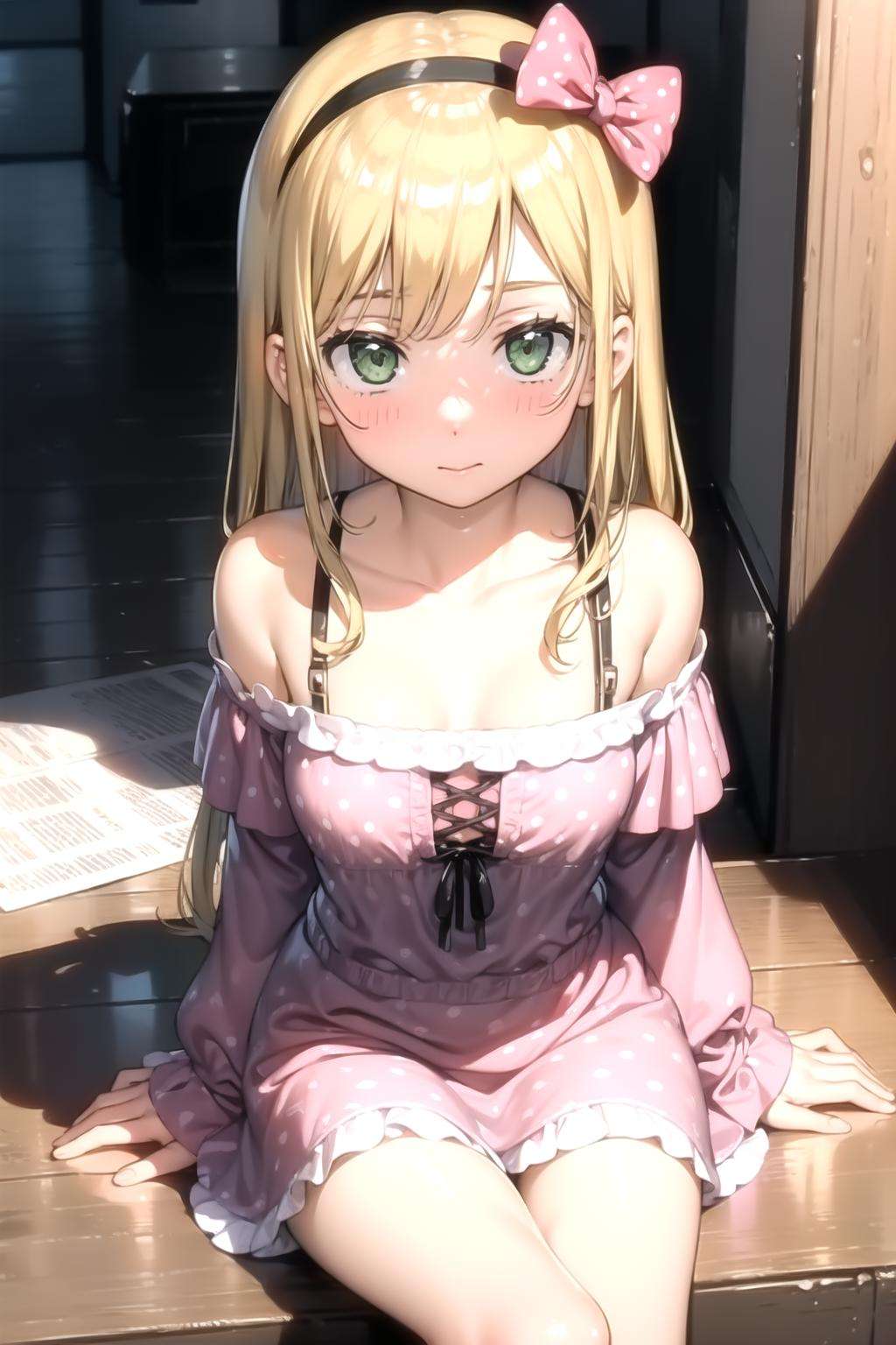 <lora:kantoku_v0.1:1>1girl, solo, long hair, looking at viewer, blush, skirt, blonde hair, shirt, bow, sitting, green eyes, collarbone, hair bow, hairband, frills, indoors, off shoulder, polka dot,, masterpiece, best quality, highly detailed