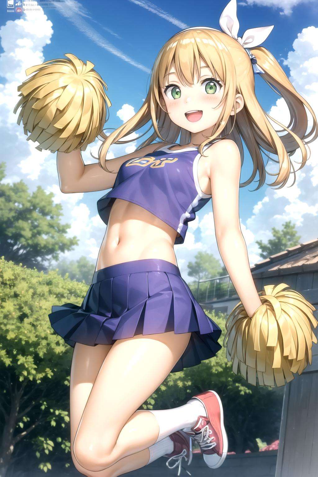 <lora:kantoku_v0.1:1>1girl, solo, long hair, looking at viewer, blush, smile, open mouth, skirt, blonde hair, bow, navel, green eyes, hair bow, hairband, outdoors, shoes, day, socks, midriff, tree, shiny skin, ;d, sneakers, jumping, cheerleader, pom pom (cheerleading), crop top overhang, masterpiece, best quality, highly detailed