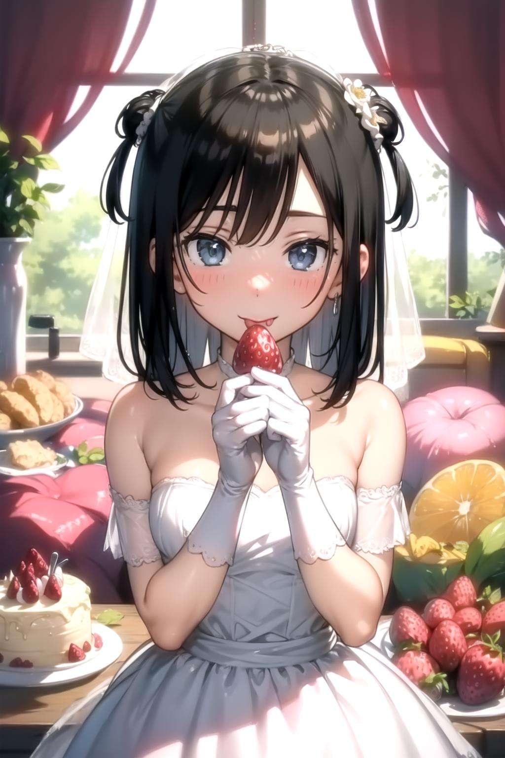 <lora:kantoku_v0.1:1>1girl, solo, looking at viewer, blush, short hair, blue eyes, black hair, hair ornament, gloves, dress, holding, bare shoulders, collarbone, flower, food, tongue, elbow gloves, white gloves, tongue out, off shoulder, white dress, one side up, candy, veil, :p, cake, wedding dress, strawberry, fork, food on face, bridal veil, masterpiece, best quality, highly detailed