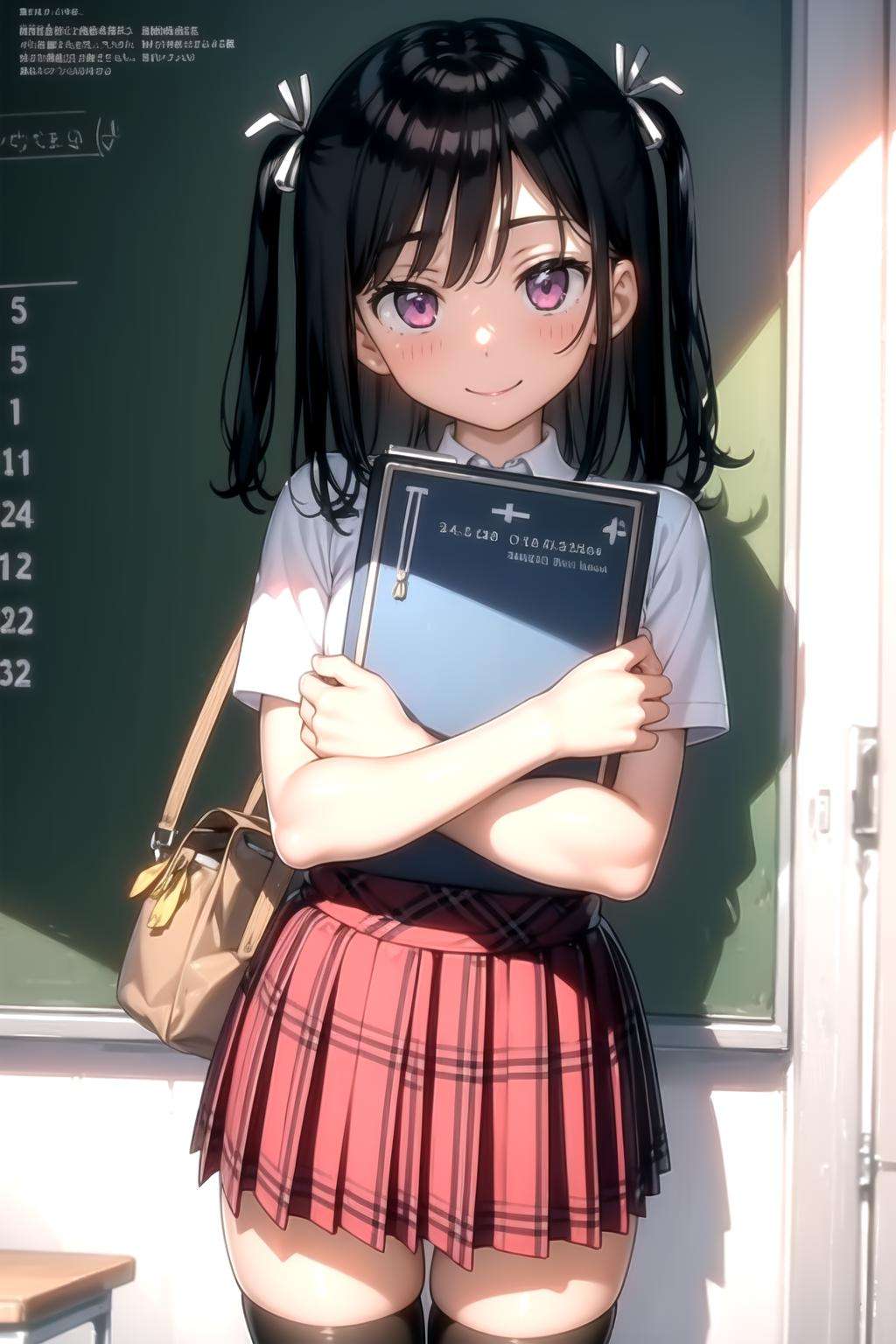 <lora:kantoku_v0.1:1>1girl, solo, long hair, looking at viewer, blush, smile, skirt, brown hair, black hair, thighhighs, ribbon, school uniform, purple eyes, hair ribbon, pleated skirt, black thighhighs, bag, two side up, zettai ryouiki, book, plaid, plaid skirt, object hug, classroom, chalkboard, calendar (medium), masterpiece, best quality, highly detailed