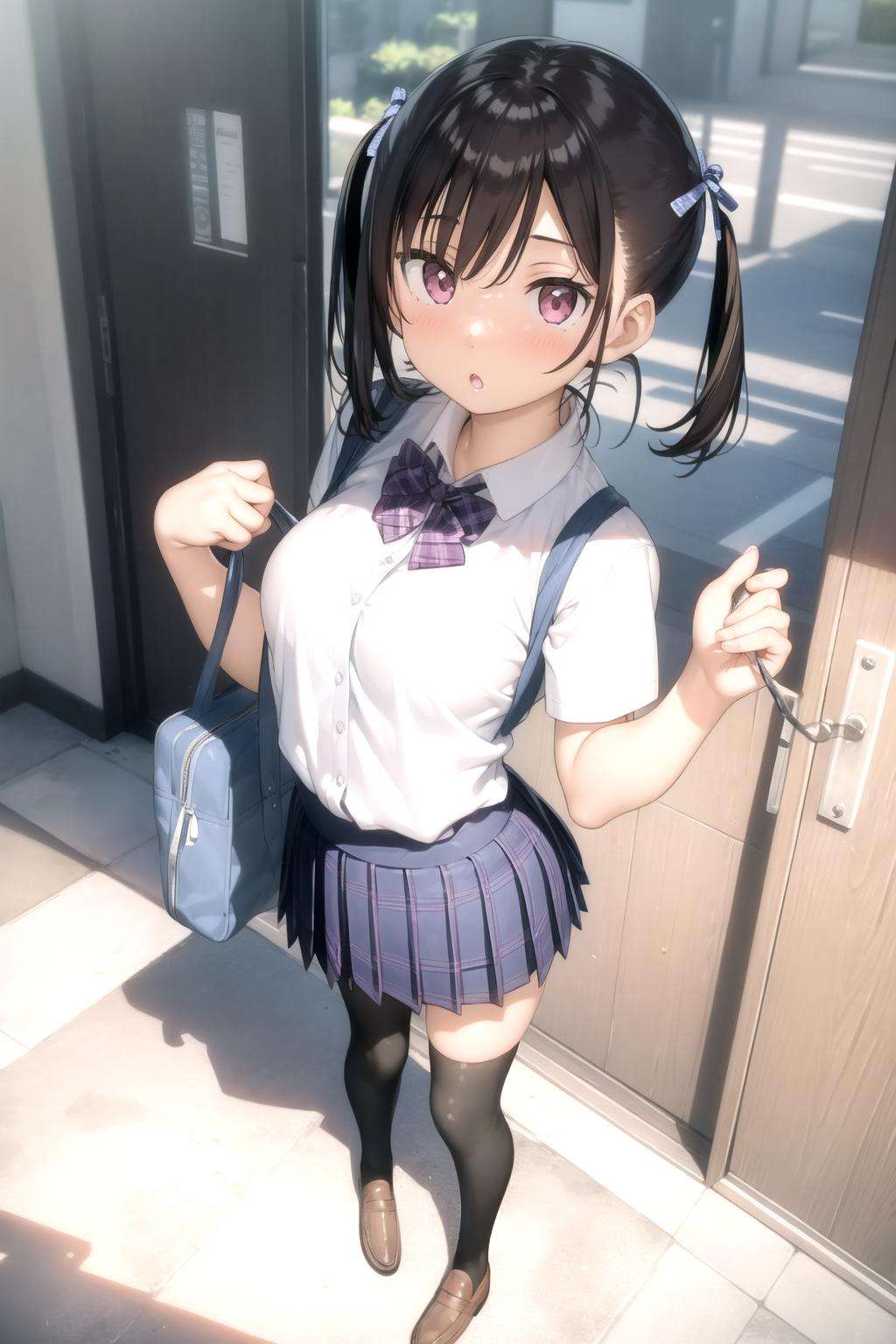 <lora:kantoku_v0.1:1>1girl, solo, long hair, breasts, looking at viewer, blush, bangs, skirt, brown hair, shirt, thighhighs, bow, ribbon, holding, twintails, medium breasts, school uniform, standing, purple eyes, full body, hair ribbon, white shirt, short sleeves, pleated skirt, outdoors, parted lips, shoes, collared shirt, black thighhighs, miniskirt, bowtie, pink eyes, bag, :o, blue skirt, zettai ryouiki, plaid, low twintails, from above, plaid skirt, brown footwear, looking up, loafers, sweater vest, school bag, holding bag, masterpiece, best quality, highly detailed