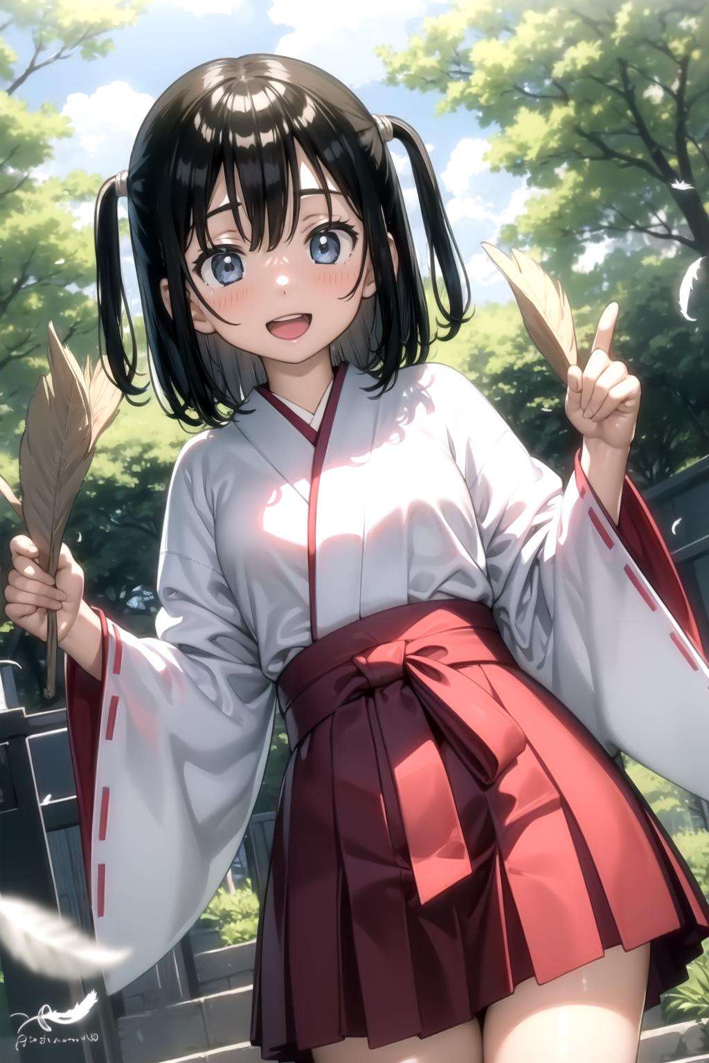 <lora:kantoku_v0.1:1>1girl, solo, looking at viewer, blush, smile, short hair, open mouth, bangs, blue eyes, skirt, brown hair, long sleeves, holding, standing, :d, outdoors, japanese clothes, day, wide sleeves, kimono, two side up, tree, dutch angle, leaf, feathers, hakama, rope, hakama skirt, tareme, white kimono, miko, red hakama, shrine,, masterpiece, best quality, highly detailed