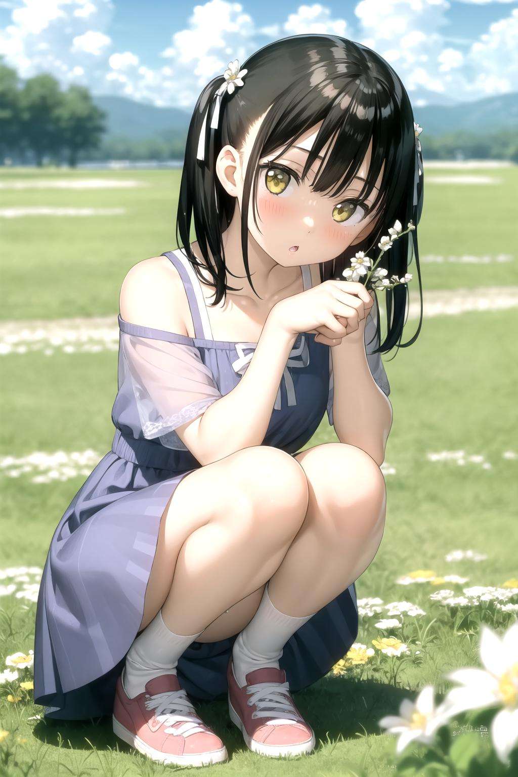 <lora:kantoku_v0.1:1>1girl, solo, long hair, looking at viewer, blush, bangs, black hair, hair ornament, dress, bow, ribbon, holding, bare shoulders, collarbone, full body, hair ribbon, yellow eyes, flower, short sleeves, sidelocks, outdoors, parted lips, sky, shoes, day, socks, shiny, cloud, hair flower, blunt bangs, blurry, :o, shiny hair, two side up, blue sky, head tilt, clothing cutout, depth of field, blurry background, blue dress, squatting, white footwear, cloudy sky, grass, white flower, white socks, sneakers, white ribbon, pink flower, blurry foreground, yellow flower, collared dress, holding flower, shoulder cutout, field, flower field, masterpiece, best quality, highly detailed