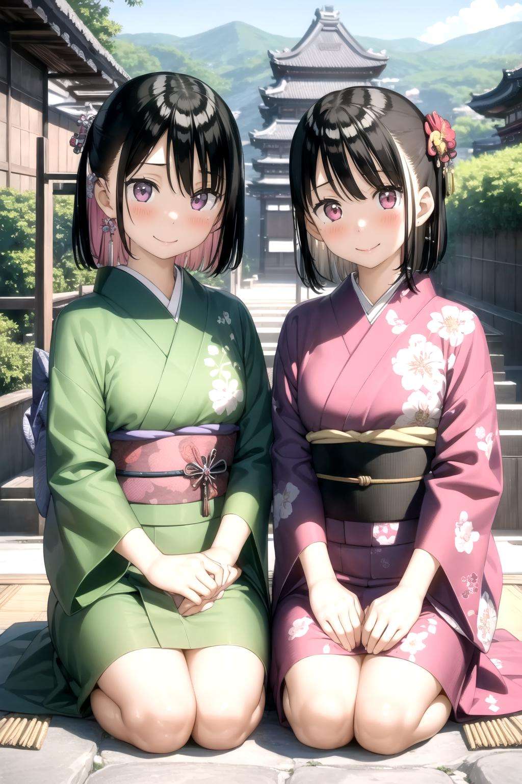<lora:kantoku_v0.1:1>2girls, looking at viewer, blush, smile, short hair, bangs, simple background, black hair, hair ornament, long sleeves, white background, bow, sitting, closed mouth, purple eyes, braid, flower, japanese clothes, hair flower, wide sleeves, pink eyes, kimono, sash, obi, floral print, pink flower, seiza, pink bra, print kimono, green kimono,  temple, east asian architecture, outdoors,, masterpiece, best quality, highly detailed