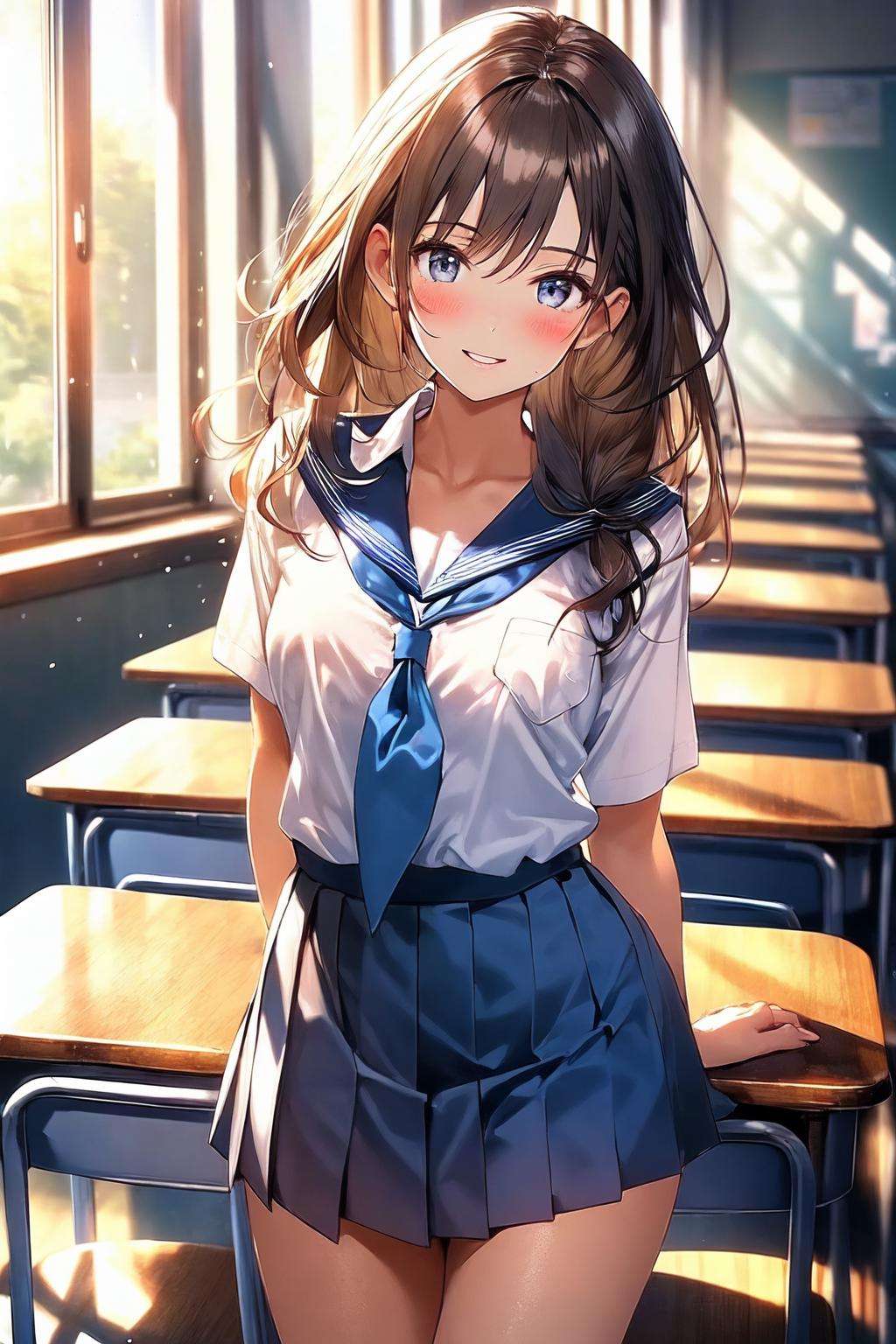 (masterpiece, best quality:1.2), (absurdres, highres, ultra-detailed), (perfect anatomy), BREAK , 1girl, parted lips, blush, makeup, light smile, school uniform, classroom, light rays, glow, thighs, collarbone, narrow waist, (masterpiece), wallpaper , BREAK , good